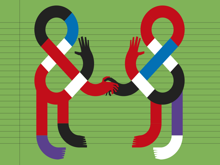 Illustration: zwei Figuren in Form eines UND-Zeichens geben sich die Hände